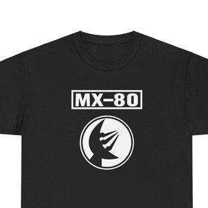 May include: Black t-shirt with a white graphic of a stylized logo with the text "MX-80" above it.
