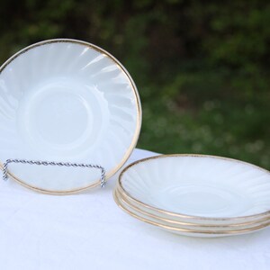 Vintage Fire King Milk Glass Saucers - Gold Rim Swirl - Set of 4