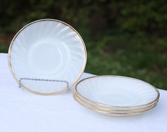 Vintage Fire King Milk Glass Saucers - Gold Rim Swirl - Set of 4