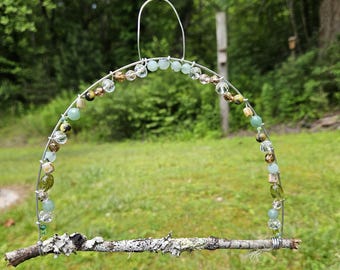 Handmade Glass Beaded Hummingbird Swing: Garden Bird Perch