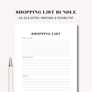 Einkaufslisten-Bundle - druckbare, einfache Einkaufslistenvorlage, Lebensmittelplaner, Lebensmittel-Einkaufsliste A4/A5/Letter druckbare & ausfüllbare PDF