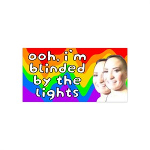 May include: A rectangular sticker featuring a vibrant rainbow-coloured wavy background. The text "ooh, i'm blinded by the lights" is printed in a bold, white, hand-drawn style font. Two identical portraits of a person are visible on the right side.