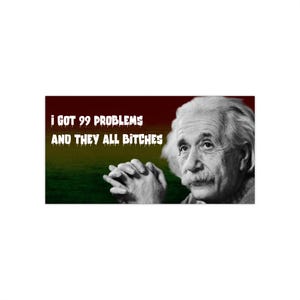 May include: A black and white image featuring Albert Einstein with the text "I GOT 99 PROBLEMS AND THEY ALL BITCHES" in white letters on a red, yellow, and green background. Einstein is looking to the right with his hands clasped.