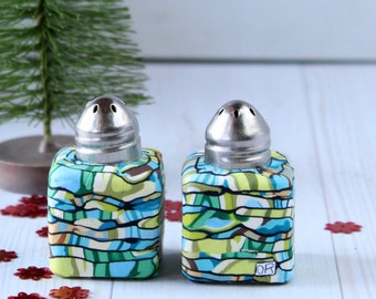 Mini Refillable Novelty  Salt and Pepper Shakers Set, Teal, Brown, and Green Shakers