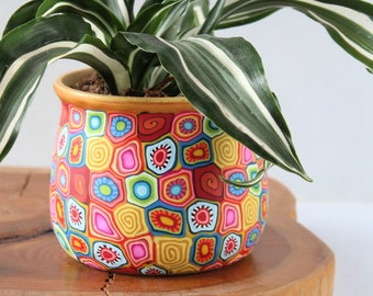 Millefiori Polymer Clay Planter: Colorful Ceramic Plant Pot with Drainage