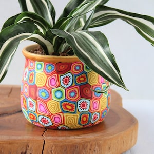 Op de afbeelding: Een levendige, handbeschilderde keramische plantenpot met een kleurrijk geometrisch patroon, met een Dracaena-plant met groen en wit gestreepte bladeren. De pot staat op een houten plank met twee kleine stenen.