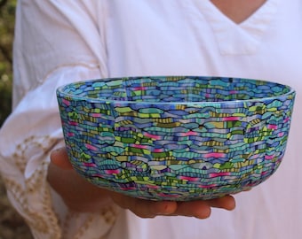 Teal, Blue, Green and Purple Salad Serving Glass Bowl Coated with Polymer Clay