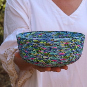 Teal, Blue, Green and Purple Salad Serving Glass Bowl Coated with Polymer Clay image 1