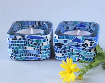 Blue and White Tea Candle Holders Made With Polymer Clay