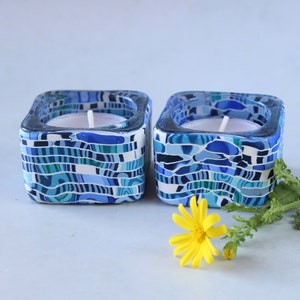 Blue and White Tea Candle Holders Made With Polymer Clay