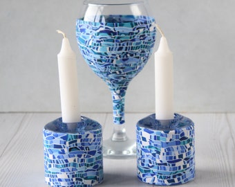 Blue and White Set for Shabbat, Kiddush Cup and Double-Sided Candle Holders