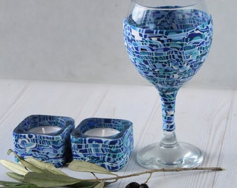 Blue and White Set for Shabbat, Kiddush Cup and Tea Light Candle Holders