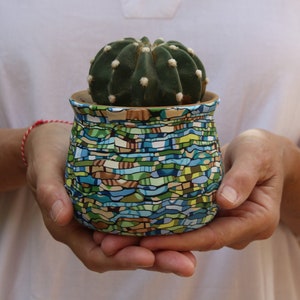 Vaso per piante da interno, vaso verde acqua marrone, piccolo vaso in ceramica, vaso colorato, regalo di inaugurazione della casa