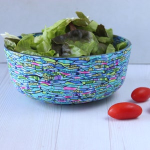 Handmade Polymer Clay Coated Glass Bowl Colorful Teal, Green, Purple Salad Server image 2