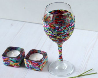 Shabbat Set: Colorful Kiddush Cup & Tea Light Holders