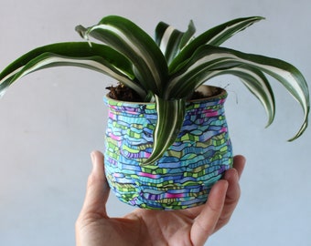 Small Colorful Indoor Plant Pot, Teal, Green and Purple Planter for Small Plants