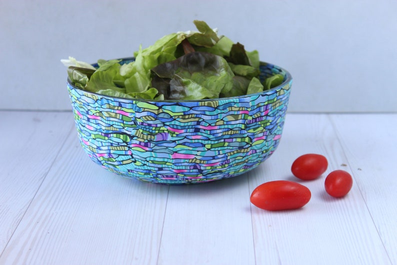 Handmade Polymer Clay Coated Glass Bowl Colorful Teal, Green, Purple Salad Server image 2