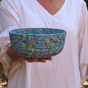 Handmade Polymer Clay Coated Glass Bowl Colorful Teal, Green, Purple Salad Server image 9