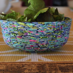 Handmade Polymer Clay Coated Glass Bowl Colorful Teal, Green, Purple Salad Server image 8