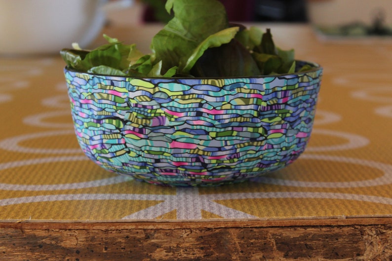 Handmade Polymer Clay Coated Glass Bowl Colorful Teal, Green, Purple Salad Server image 8