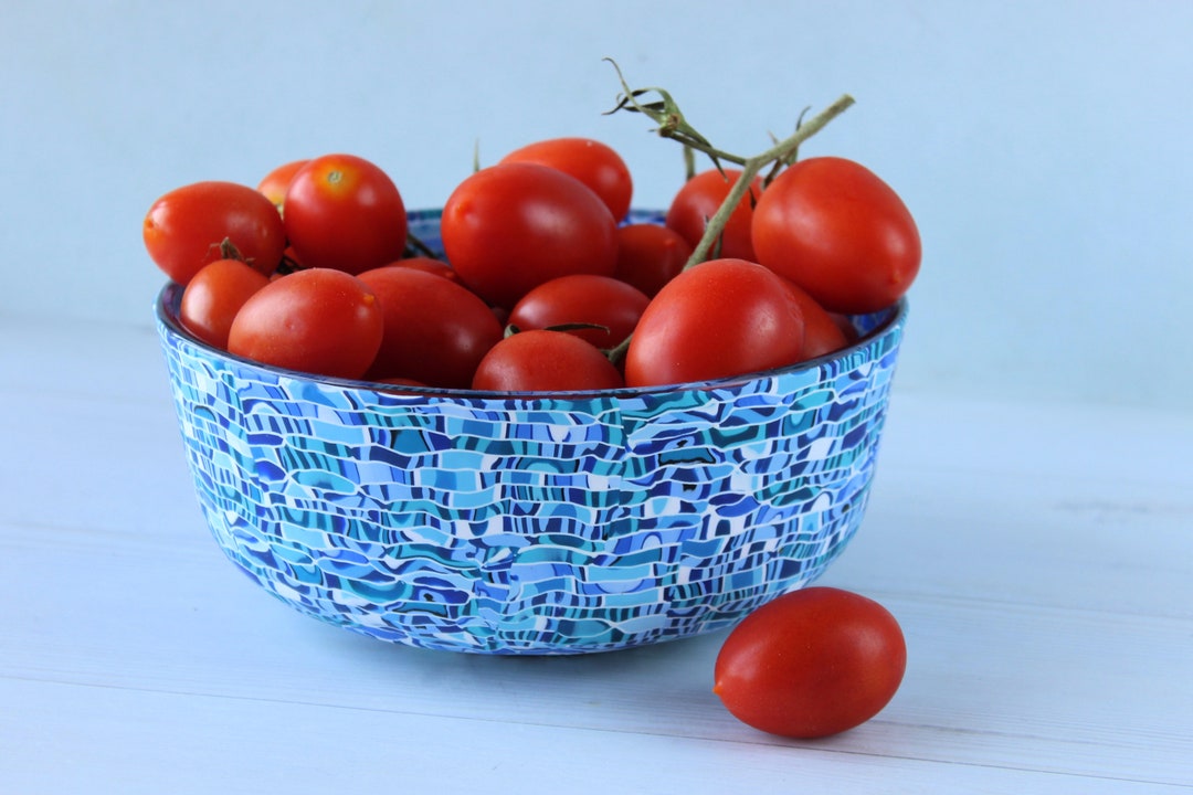 Blue Glass Salad Serving Bowl Handcrafted With Polymer Clay Coating