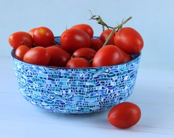 Blue Glass Salad Serving Bowl - Handcrafted with Polymer Clay Coating - Kitchen Decor