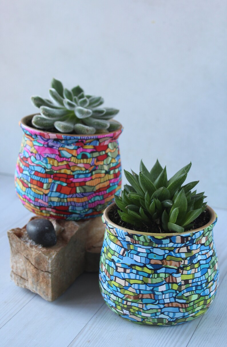 Small Colorful Indoor Plant Pot Teal Green and Brown Planter Etsy