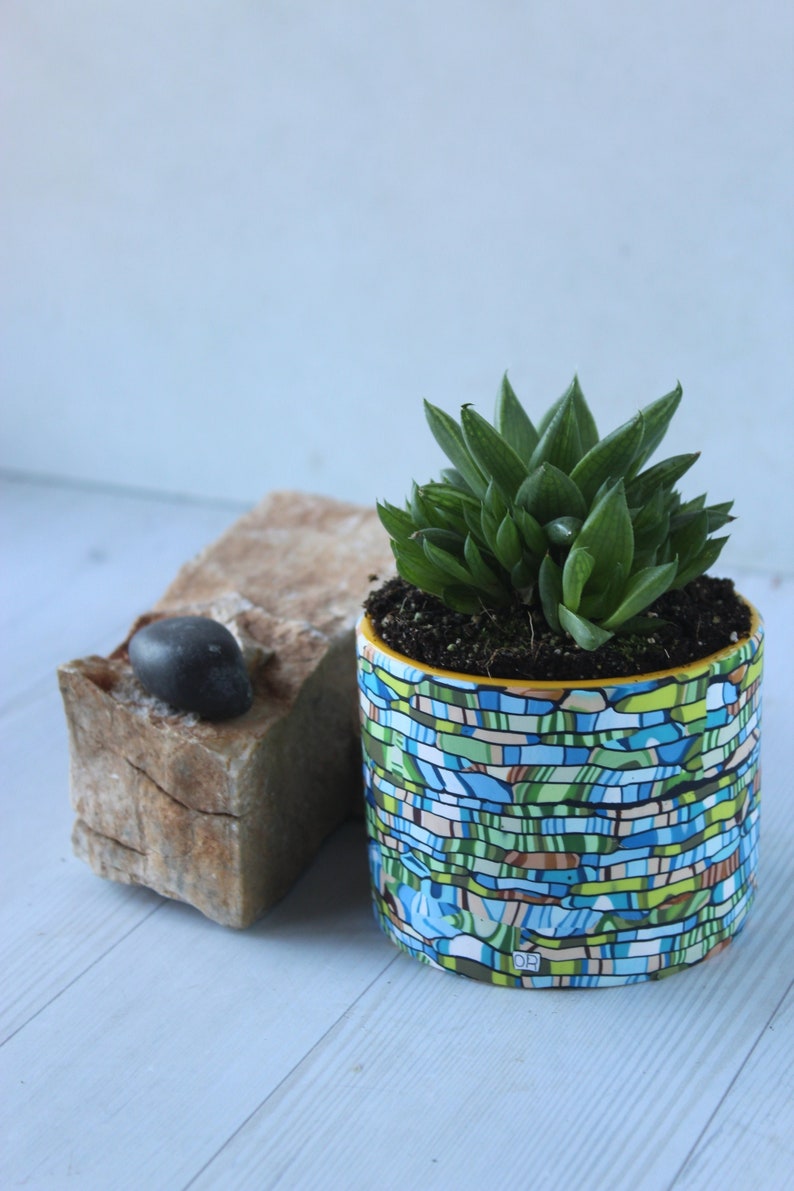 Indoor Planter: Mini Teal, Green & Brown Unique Plant Pot image 2