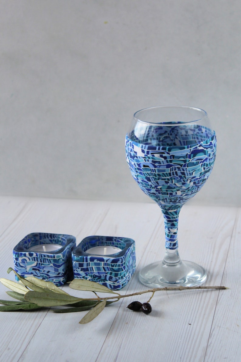 Blue and White Set for Shabbat, Kiddush Cup and Tea Light Candle Holders image 1