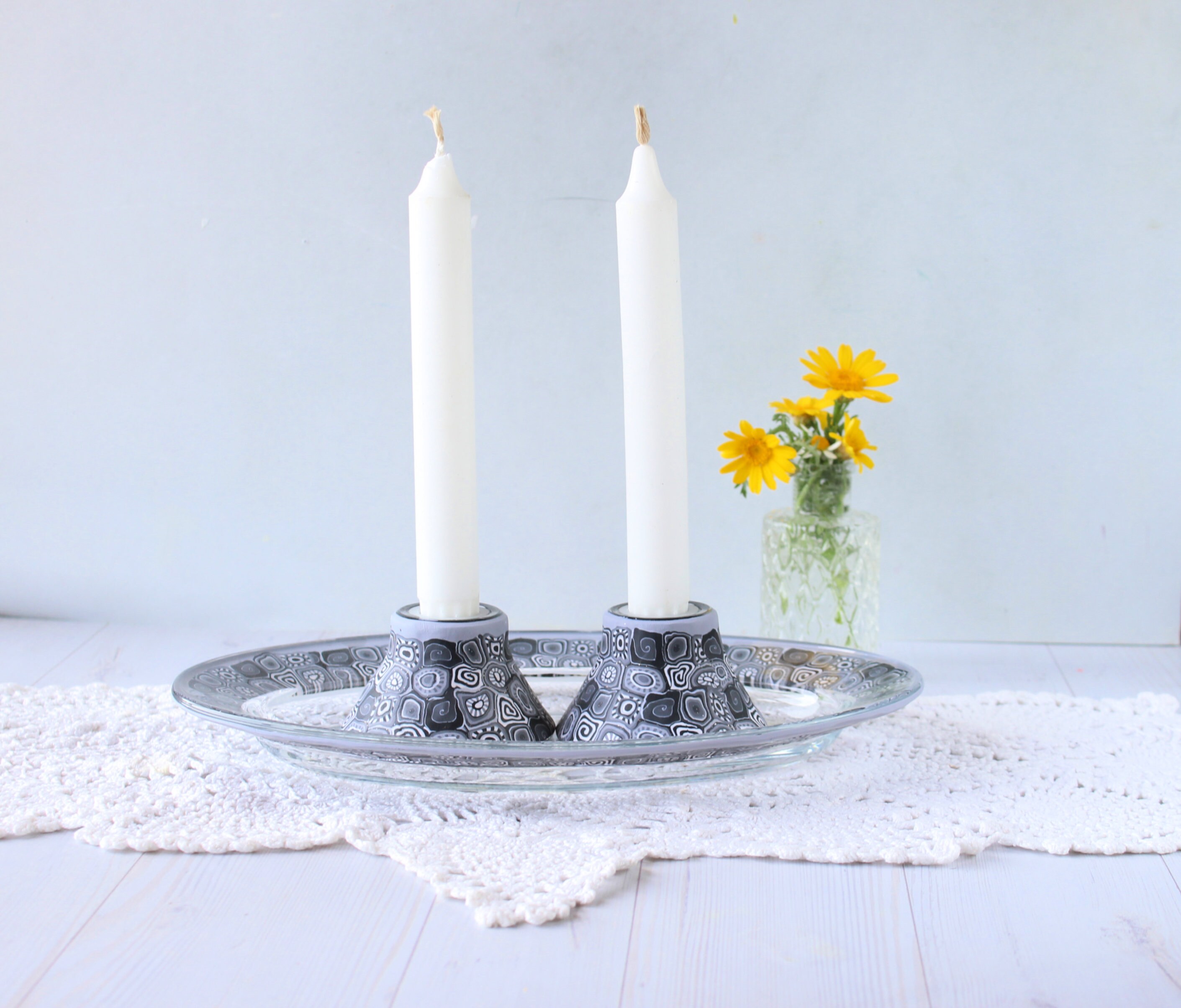 Shabbat Set of Black and White Candlesticks and Plate Etsy