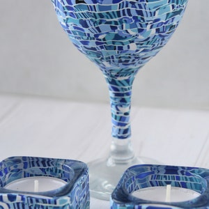 Blue and White Set for Shabbat, Kiddush Cup and Tea Light Candle Holders image 3