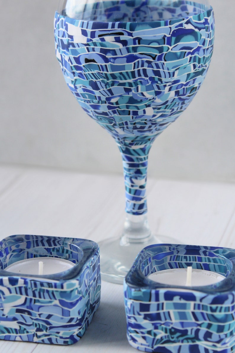 Blue and White Set for Shabbat, Kiddush Cup and Tea Light Candle Holders image 3