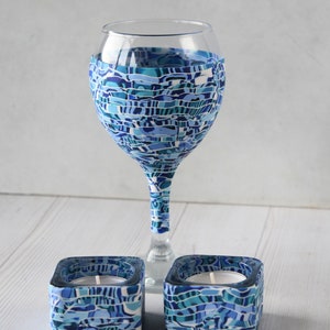 Blue and White Set for Shabbat, Kiddush Cup and Tea Light Candle Holders image 10