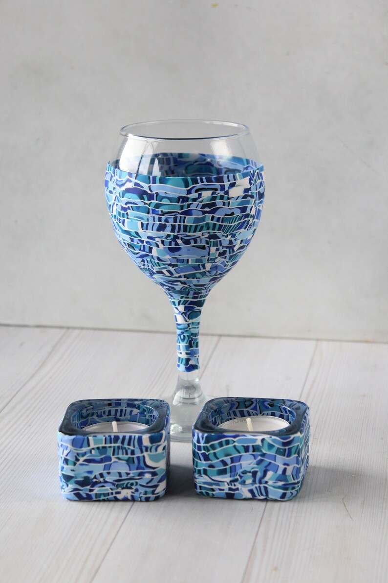 Blue and White Set for Shabbat, Kiddush Cup and Tea Light Candle Holders image 10