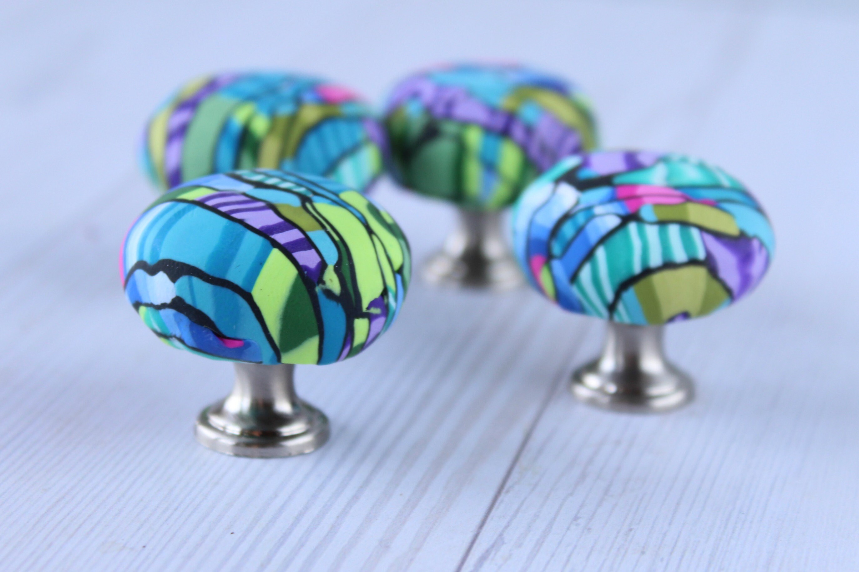 Set of 4 Teal Decorative Knobs Made With Polymer Clay Etsy