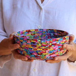Polymer Clay Coated Colorful Glass Salad Serving Bowl - Handmade Kitchen Decor