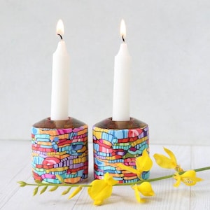 Shabbat Candle Holders for Jewish Wedding, Colorful Candlestick Holder, Shabbat Table Decor, Made in Israel Tea Candle Holder