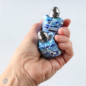 May include: A set of two blue and white salt and pepper shakers with silver tops. The shakers are made of ceramic and have a mosaic-like design.