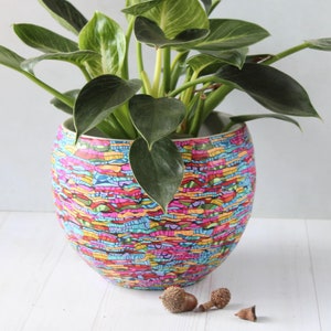 May include: A green leafy plant in a colourful, patterned ceramic pot. The pot has a wavy, abstract design with pink, blue, yellow, and green colours. The pot is sitting on a white wooden surface.