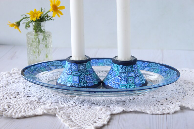 Set of Blue Shabbat Candlesticks and Plate Etsy