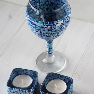 Blue and White Tea Candle Holders Made With Polymer Clay With a Kiddush cup