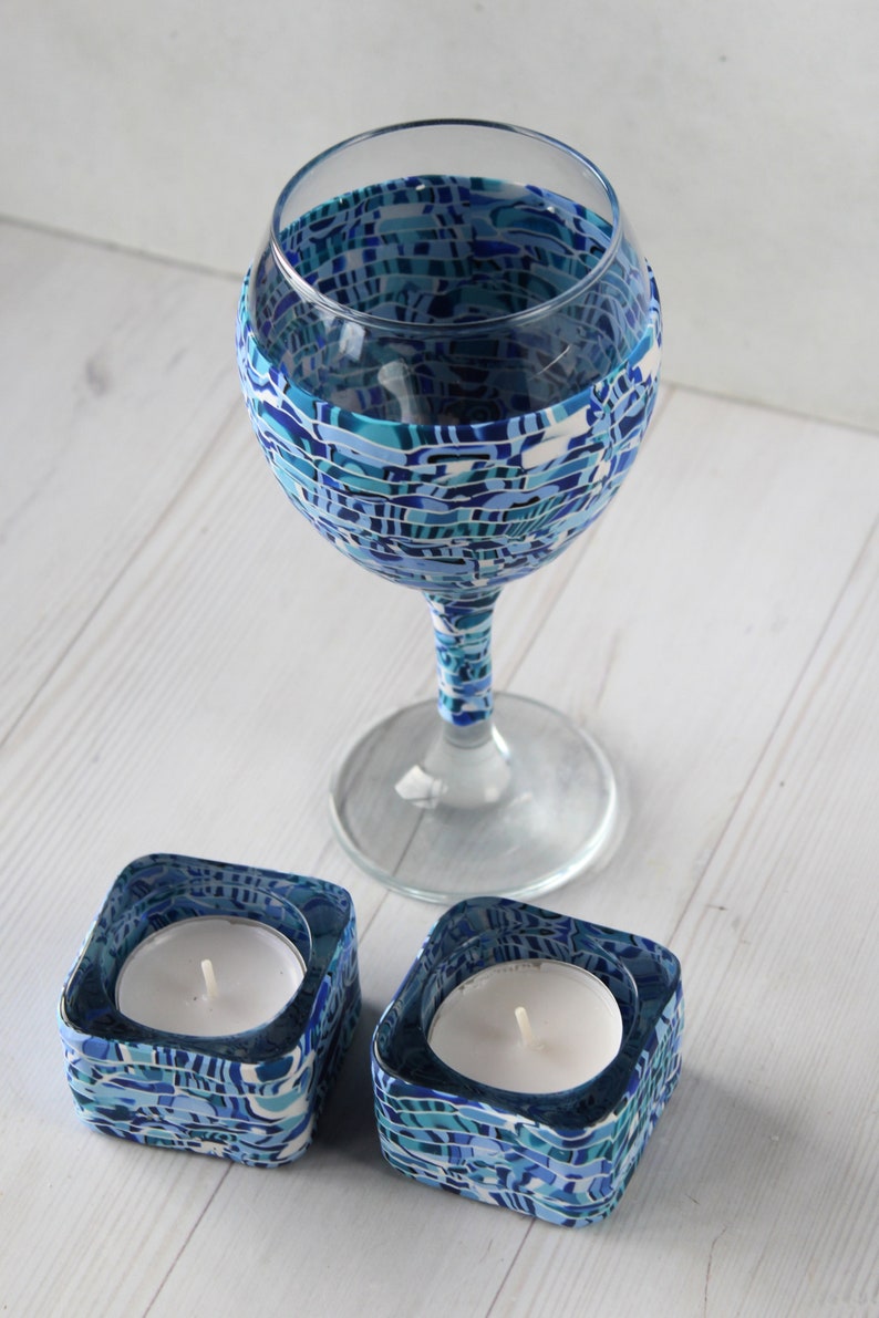 Blue and White Tea Candle Holders Made With Polymer Clay With a Kiddush cup