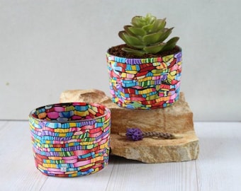 Polymer Clay Mini Succulent Planters Set: 3.35 inch Colorful Glass Flower Pots