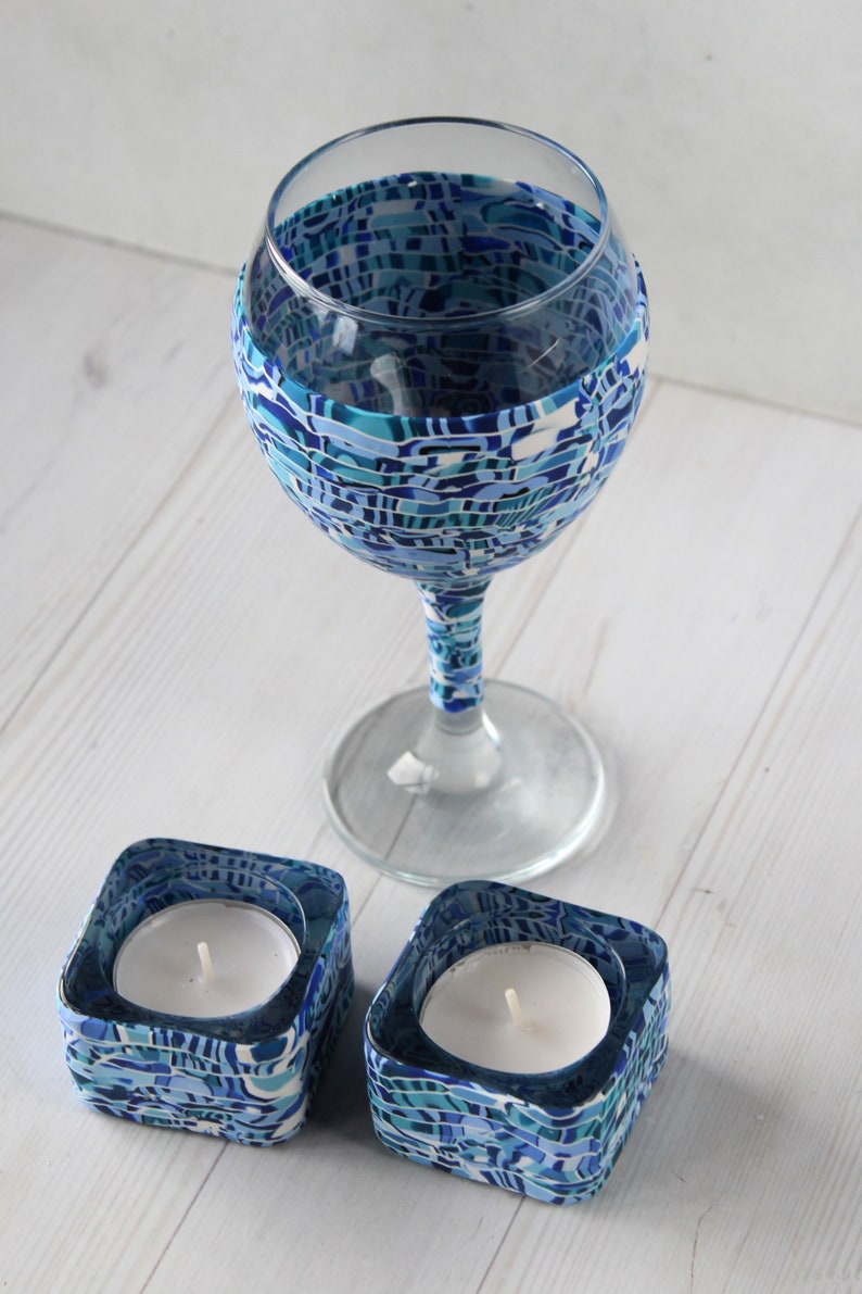 Blue and White Set for Shabbat, Kiddush Cup and Tea Light Candle Holders image 9
