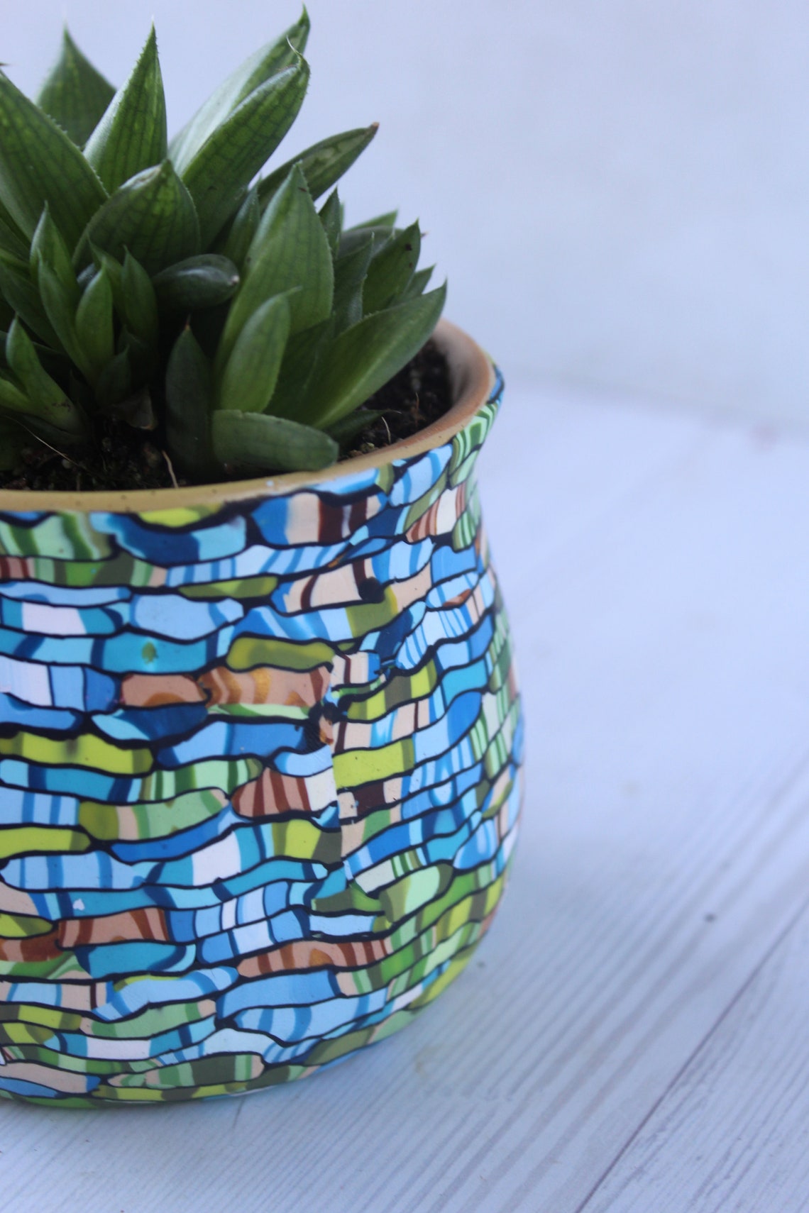 Small Colorful Indoor Plant Pot Teal Green and Brown Planter Etsy