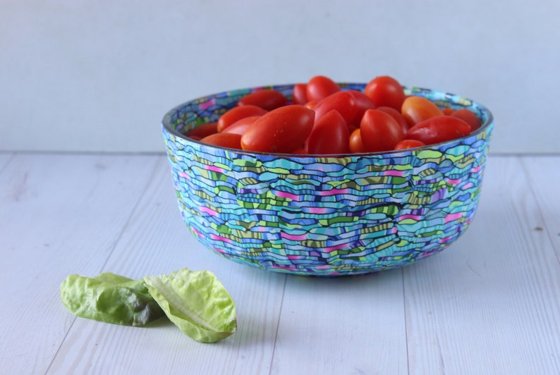 Handmade Polymer Clay Coated Glass Bowl Colorful Teal, Green, Purple Salad Server image 4