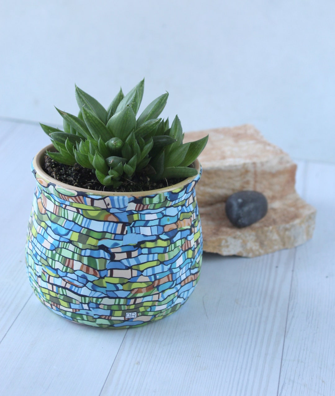 Small Colorful Indoor Plant Pot Teal Green and Brown Planter Etsy