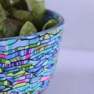 Handmade Polymer Clay Coated Glass Bowl Colorful Teal, Green, Purple Salad Server image 3