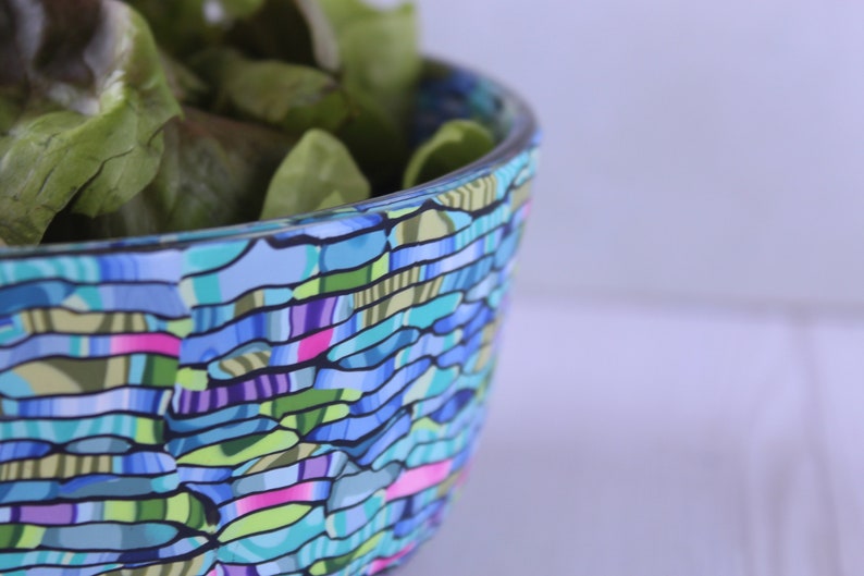 Handmade Polymer Clay Coated Glass Bowl Colorful Teal, Green, Purple Salad Server image 3