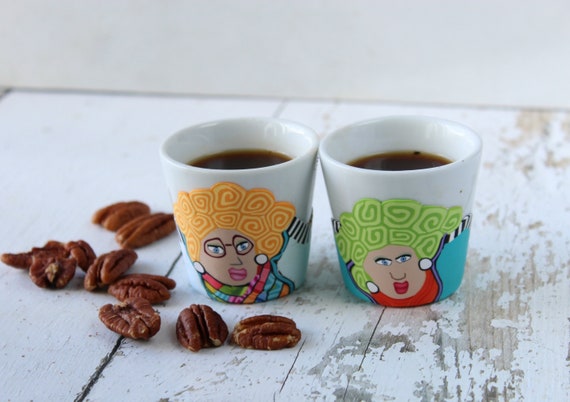 Set of Two Vibrant Funny Cute Espresso Cups 